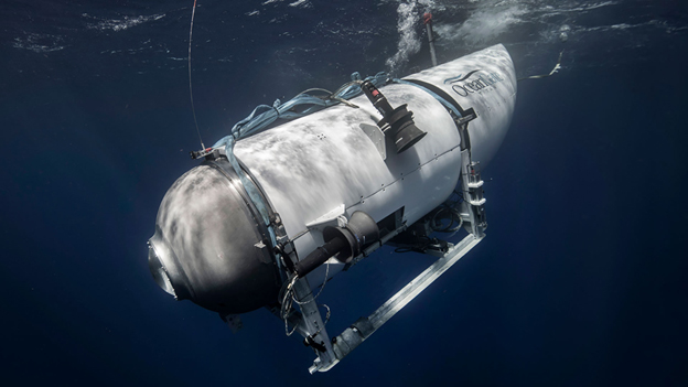 OceanGate’s Titan submersible underwater, with its cylindrical hull and front viewport visible